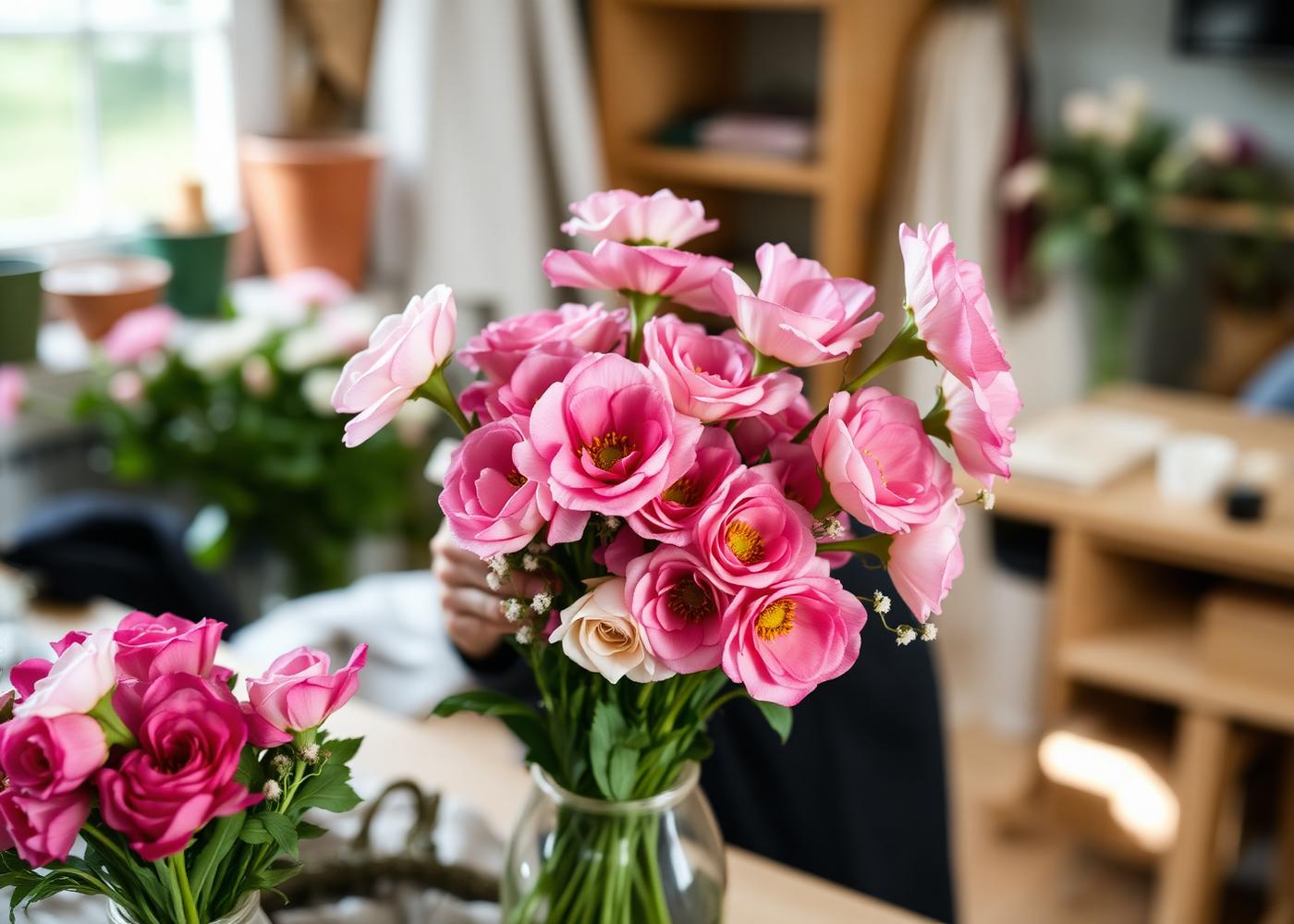Florist arranging fresh pink flowers at Campos Flowers in Sacramento